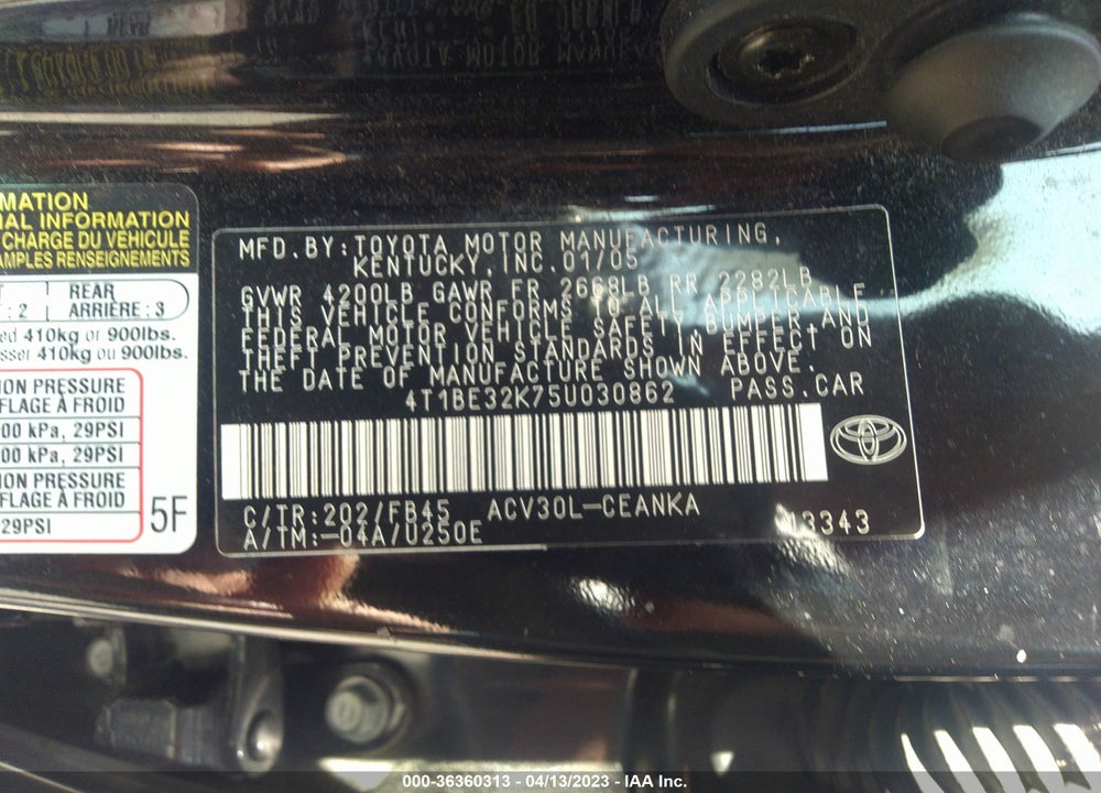 2005 TOYOTA CAMRY XLE/SE/STD/LE VIN: 4T1BE32K75U030862
