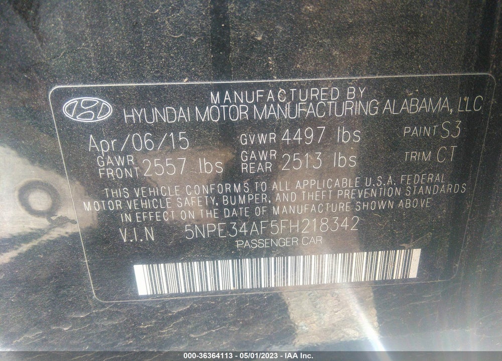 2015 HYUNDAI SONATA SPORT VIN: 5NPE34AF5FH218342