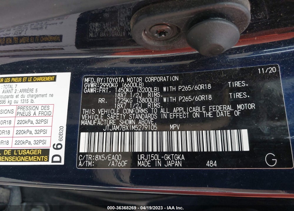 2021 LEXUS 460 VIN: JTJAM7BX1M5279105