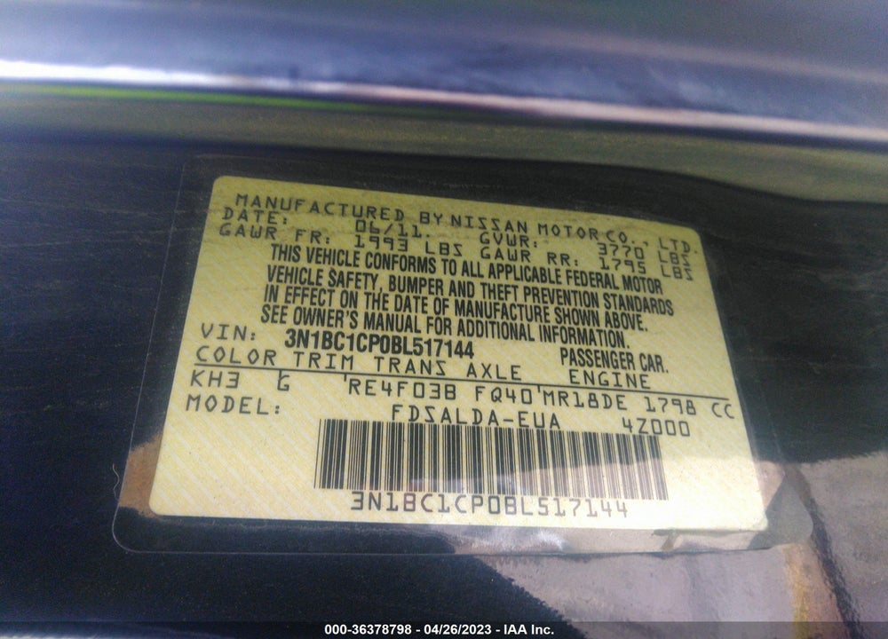 2011 NISSAN VERSA 1.8S VIN: 3N1BC1CP0BL517144