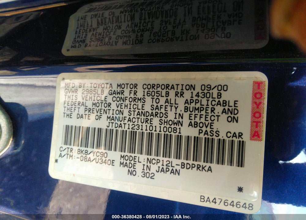 2001 TOYOTA ECHO BASE (A4) VIN: JTDAT123110110081
