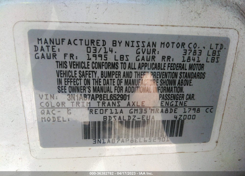 2014 NISSAN SENTRA FE+ S/FE+ SV/S/SV/SR/SL VIN: 3N1AB7AP8EL652901