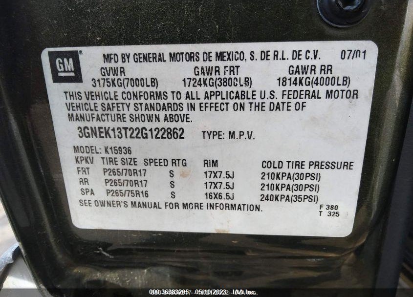 2002 CHEVROLET AVALANCHE VIN: 3GNEK13T22G122862