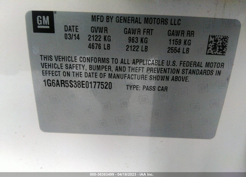 2014 CADILLAC CTS LUXURY VIN: 1G6AR5S38E0177520
