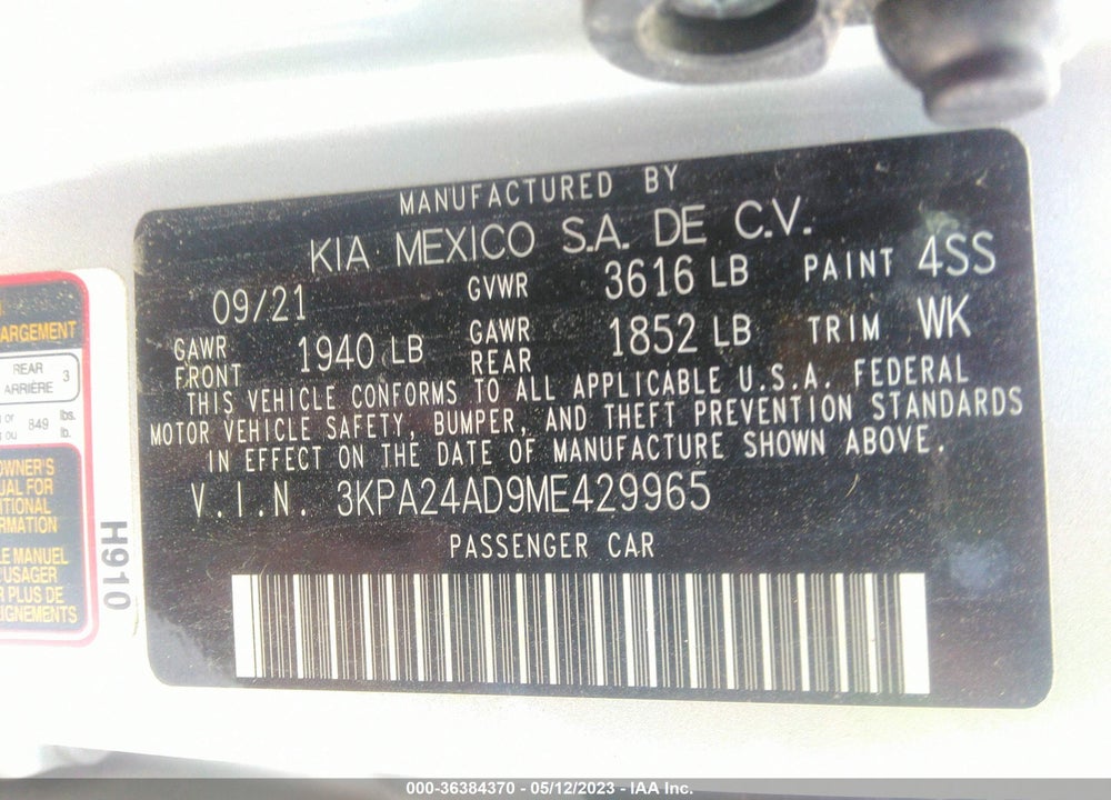 2021 KIA RIO VIN: 3KPA24AD9ME429965
