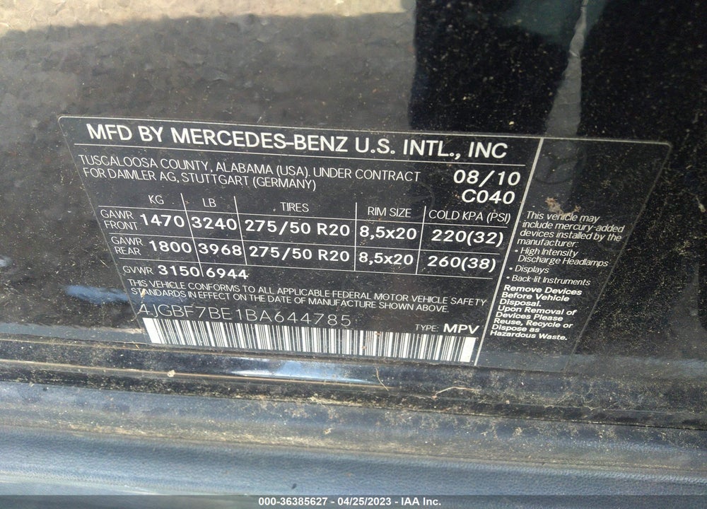 2011 MERCEDES-BENZ GL 450 VIN: 4JGBF7BE1BA644785