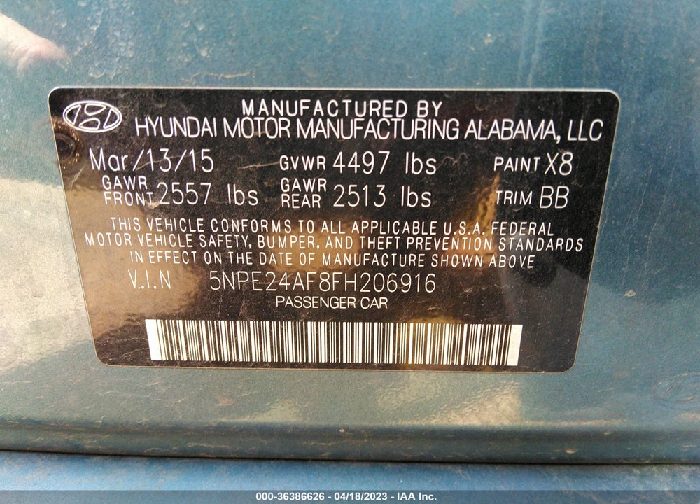 2015 HYUNDAI SONATA SE VIN: 5NPE24AF8FH206916