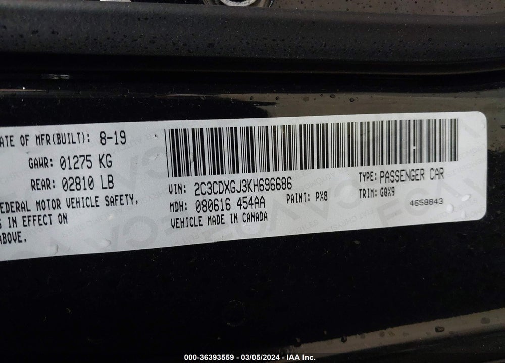 2019 DODGE CHARGER SCAT PACK RWD VIN: 2C3CDXGJ3KH696686