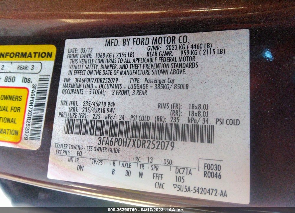 2013 FORD FUSION SE VIN: 3FA6P0H7XDR252079
