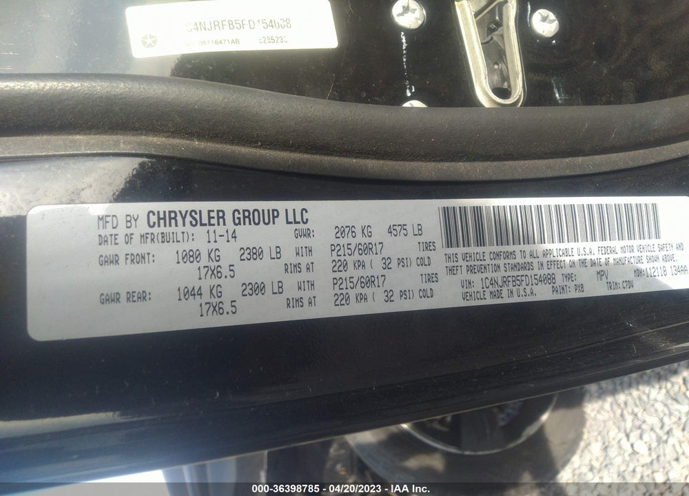 2015 JEEP PATRIOT LATITUDE VIN: 1C4NJRFB5FD154088