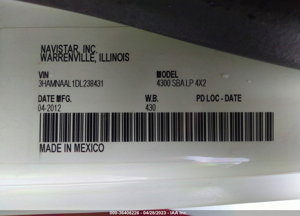 2013 INTERNATIONAL 4000 4300 LP VIN: 3HAMNAAL1DL238431