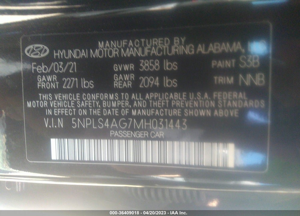 2021 HYUNDAI ELANTRA SEL VIN: 5NPLS4AG7MH031443