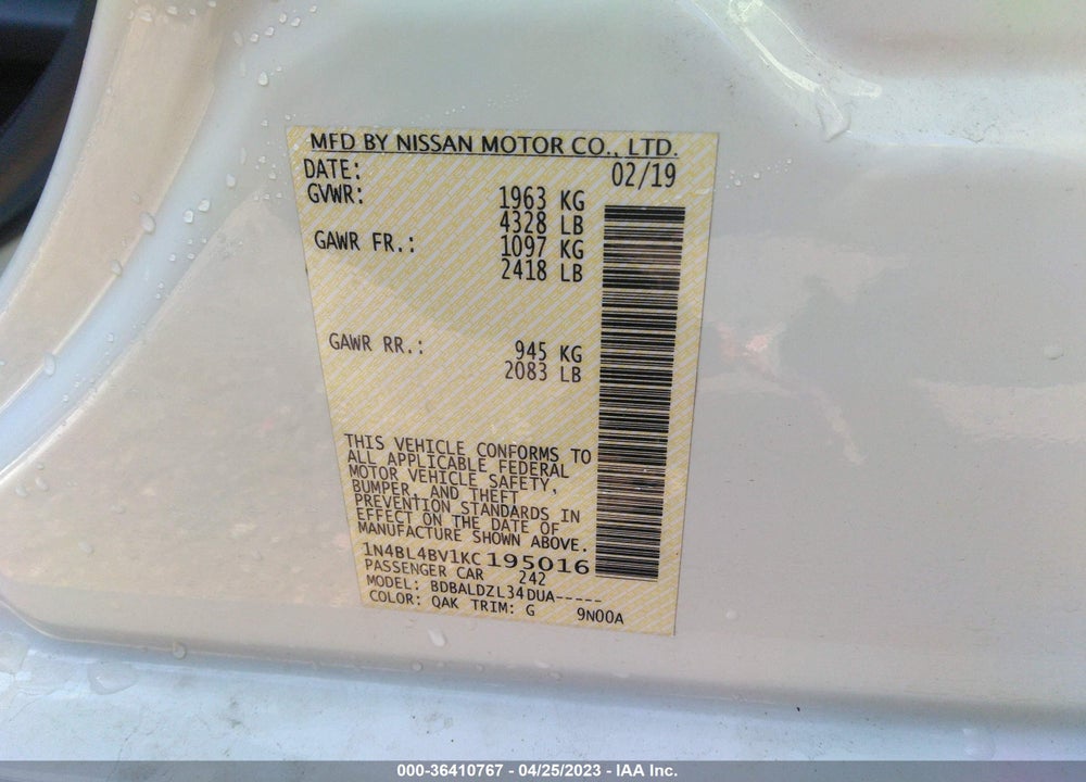 2019 NISSAN ALTIMA 2.5 S VIN: 1N4BL4BV1KC195016