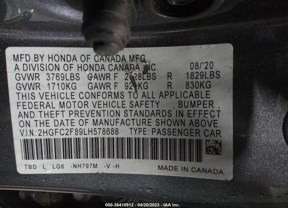 2020 HONDA CIVIC SPORT VIN: 2HGFC2F89LH578688
