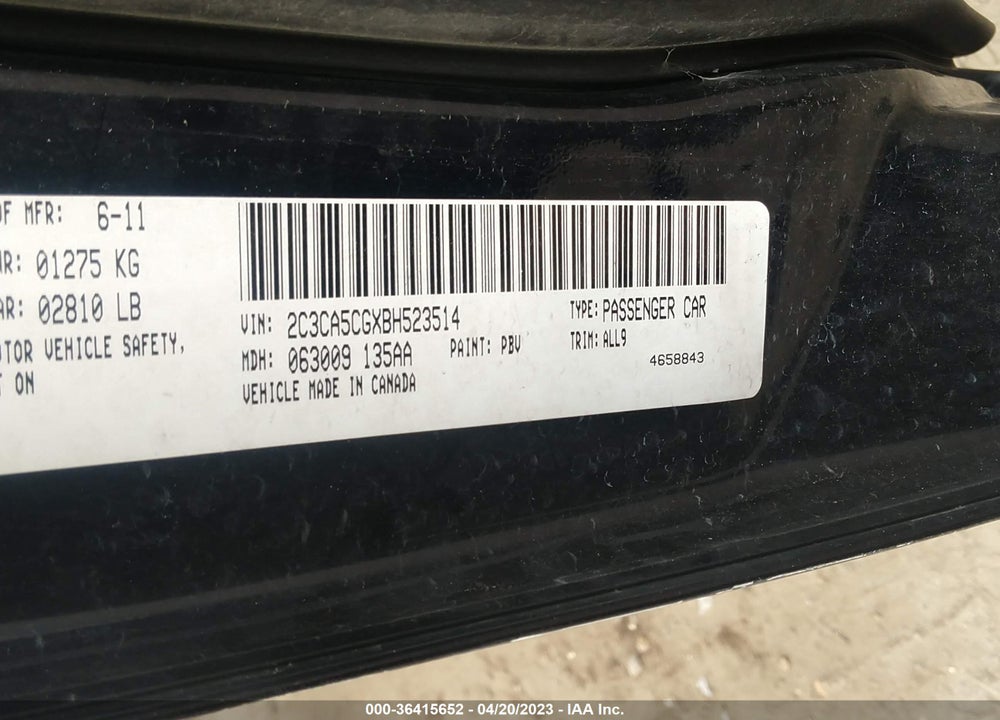 2011 CHRYSLER 300 VIN: 2C3CA5CGXBH523514