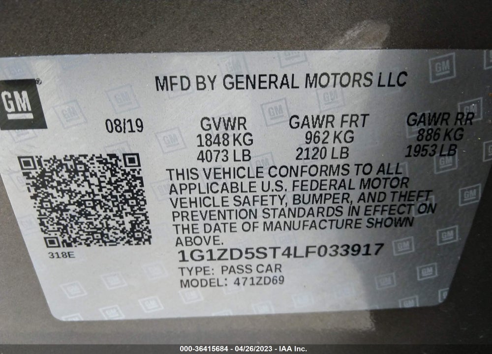 2020 CHEVROLET MALIBU FWD LT VIN: 1G1ZD5ST4LF033917