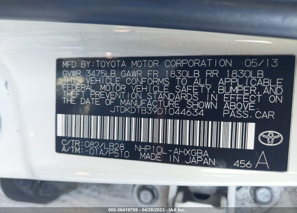 2013 TOYOTA PRIUS C FOUR VIN: JTDKDTB39D1044634