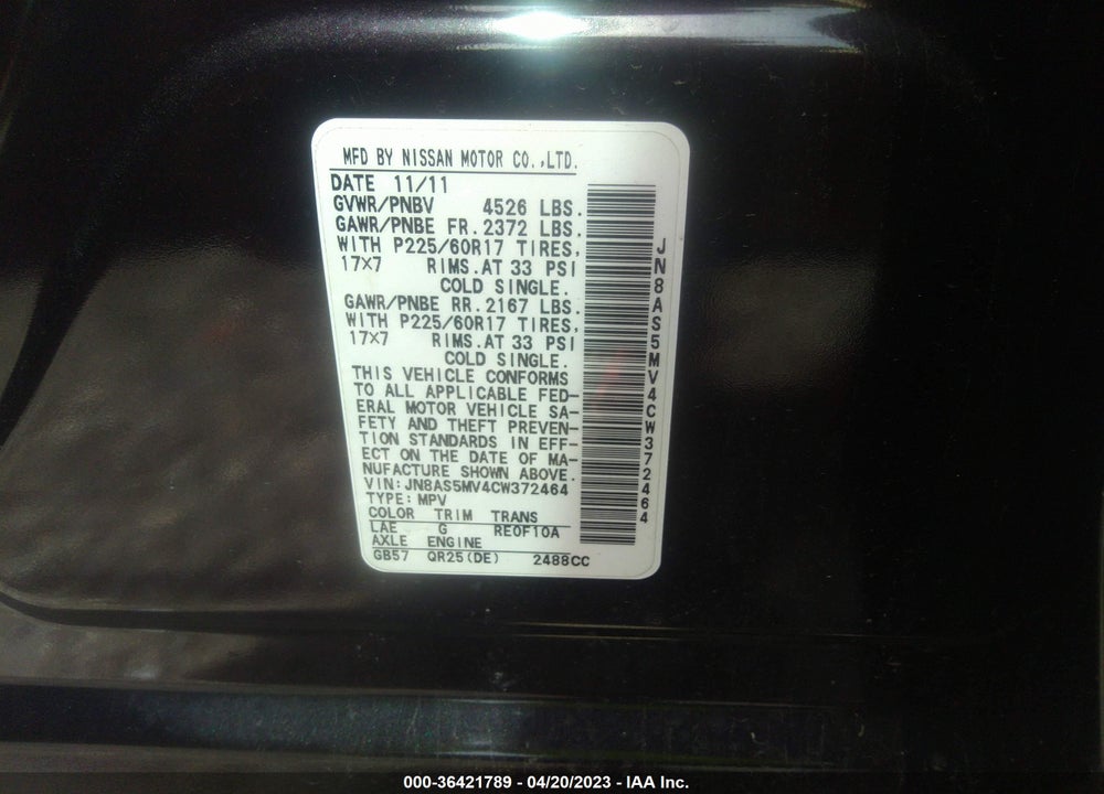 2012 NISSAN ROGUE SV VIN: JN8AS5MV4CW372464