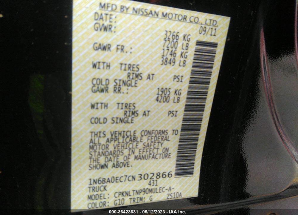 2012 NISSAN TITAN VIN: 1N6BA0EC7CN302866