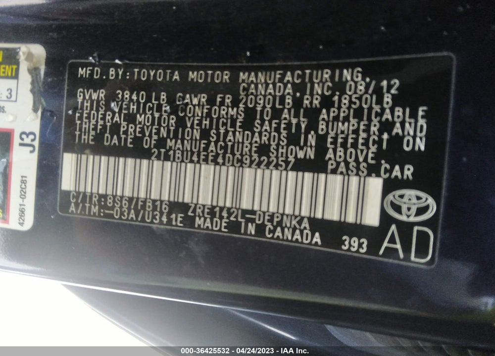 2013 TOYOTA COROLLA LE VIN: 2T1BU4EE4DC922257