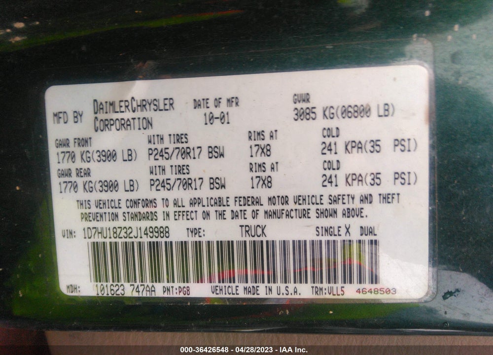 2002 DODGE RAM 1500 SLT VIN: 1D7HU18Z32J149988
