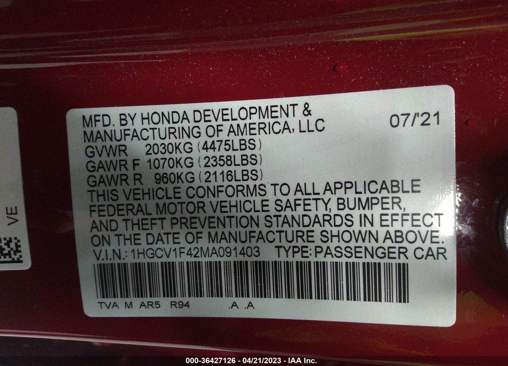 2021 HONDA ACCORD SPORT SPECIAL EDITION VIN: 1HGCV1F42MA091403