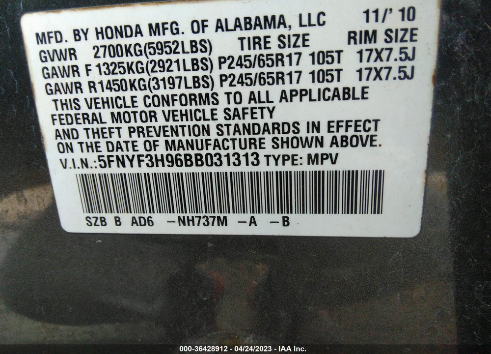 2011 HONDA PILOT TOURING VIN: 5FNYF3H96BB031313