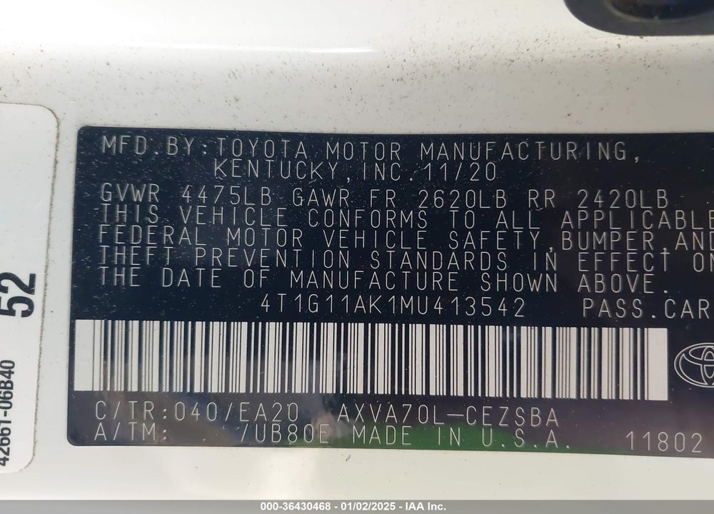 2021 TOYOTA CAMRY SE VIN: 4T1G11AK1MU413542