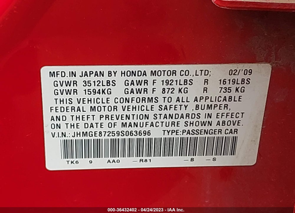 2009 HONDA FIT VIN: JHMGE87259S063696
