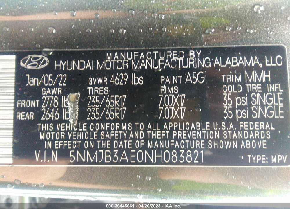 2022 HYUNDAI TUCSON VIN: 5NMJB3AE0NH083821