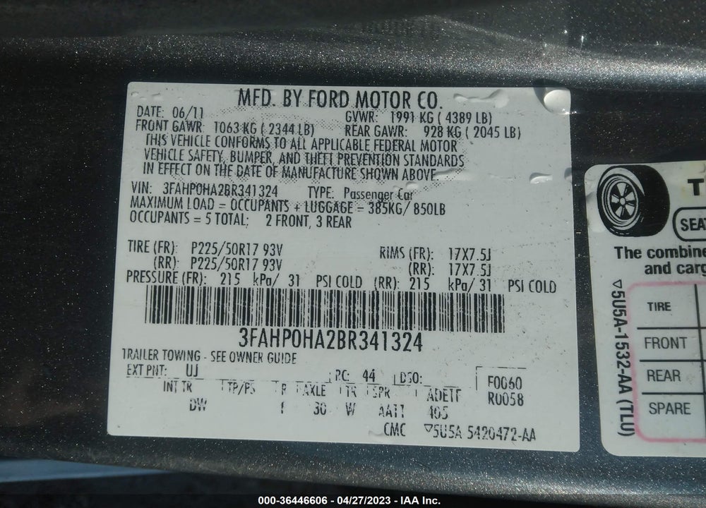 2011 FORD FUSION VIN: 3FAHP0HA2BR341324