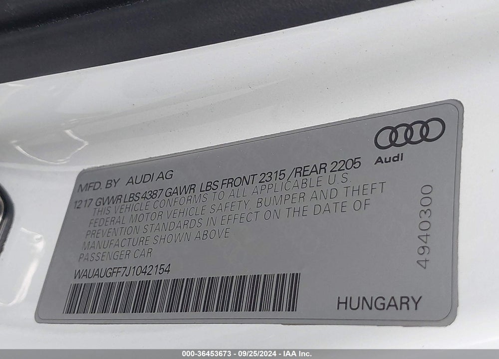 2018 AUDI A3 2.0T TECH PREMIUM/2.0T PREMIUM VIN: WAUAUGFF7J1042154