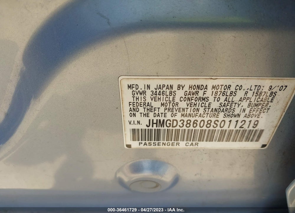 2008 HONDA FIT SPORT VIN: JHMGD38608S011219