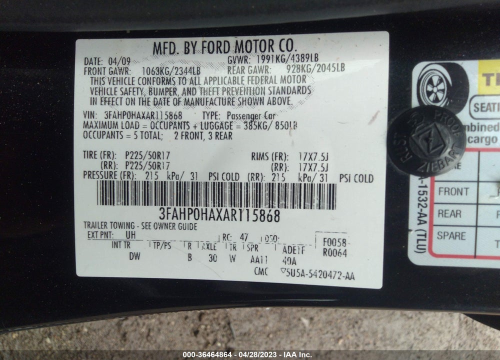 2010 FORD FUSION SE VIN: 3FAHP0HAXAR115868