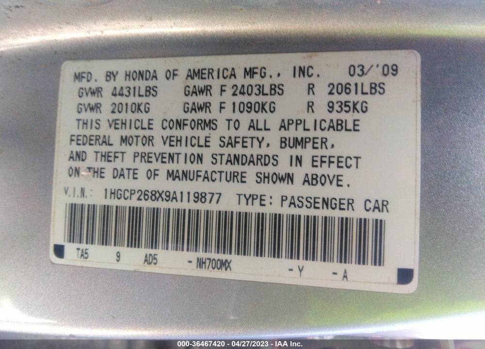 2009 HONDA ACCORD 2.4 EX-L VIN: 1HGCP268X9A119877