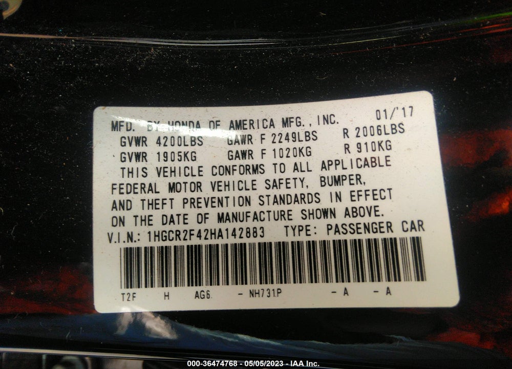 2017 HONDA ACCORD VIN: 1HGCR2F42HA142883