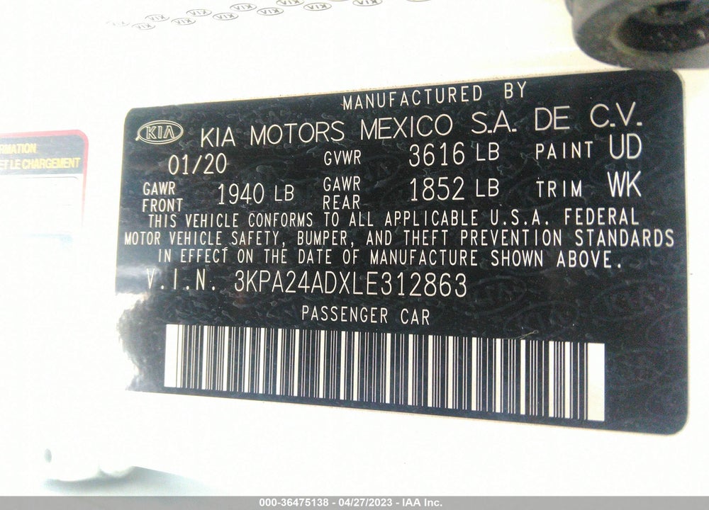 2020 KIA RIO S VIN: 3KPA24ADXLE312863