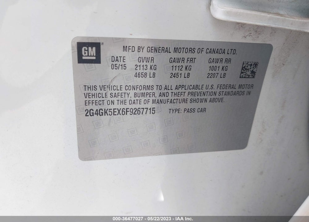 2015 BUICK REGAL TURBO VIN: 2G4GK5EX6F9267715
