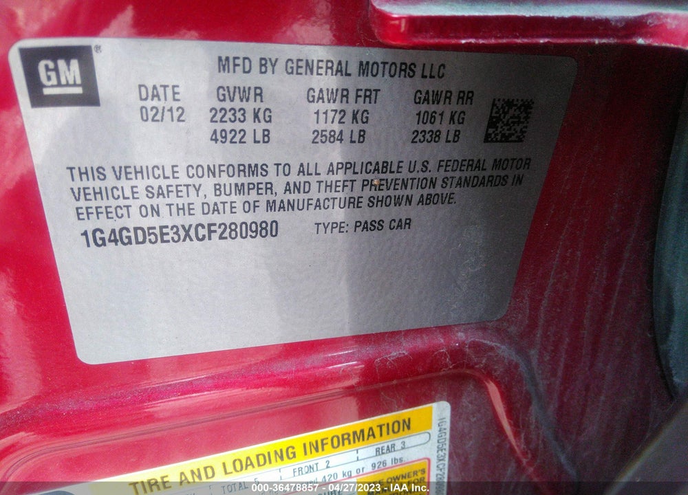 2012 BUICK LACROSSE PREMIUM 1 GROUP VIN: 1G4GD5E3XCF280980
