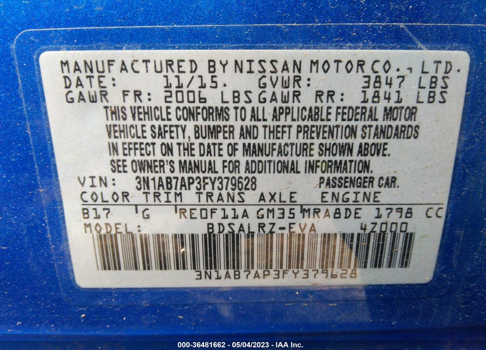 2015 NISSAN SENTRA SR VIN: 3N1AB7AP3FY379628
