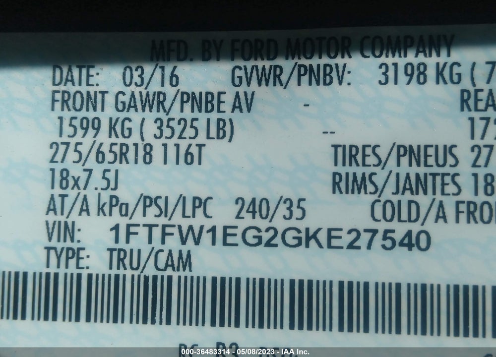 2016 FORD F-150 LARIAT VIN: 1FTFW1EG2GKE27540