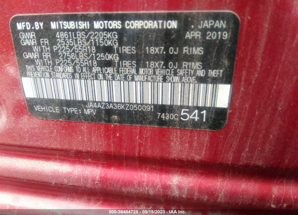 2019 MITSUBISHI OUTLANDER VIN: JA4AZ3A36KZ050091
