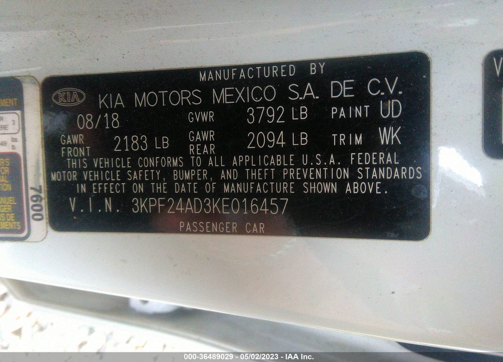 2019 KIA FORTE FE VIN: 3KPF24AD3KE016457