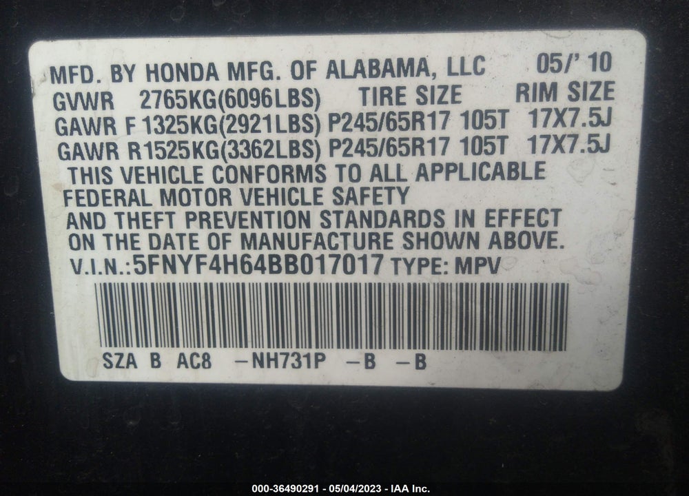 2011 HONDA PILOT EX-L VIN: 5FNYF4H64BB017017