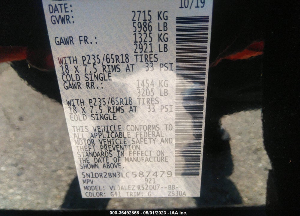 2020 NISSAN PATHFINDER SV 2WD VIN: 5N1DR2BN3LC587479