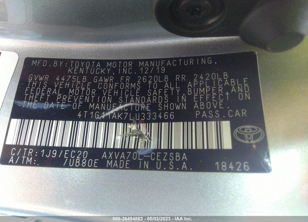 2020 TOYOTA CAMRY SE NIGHTSHADE EDITION VIN: 4T1G11AK7LU333466