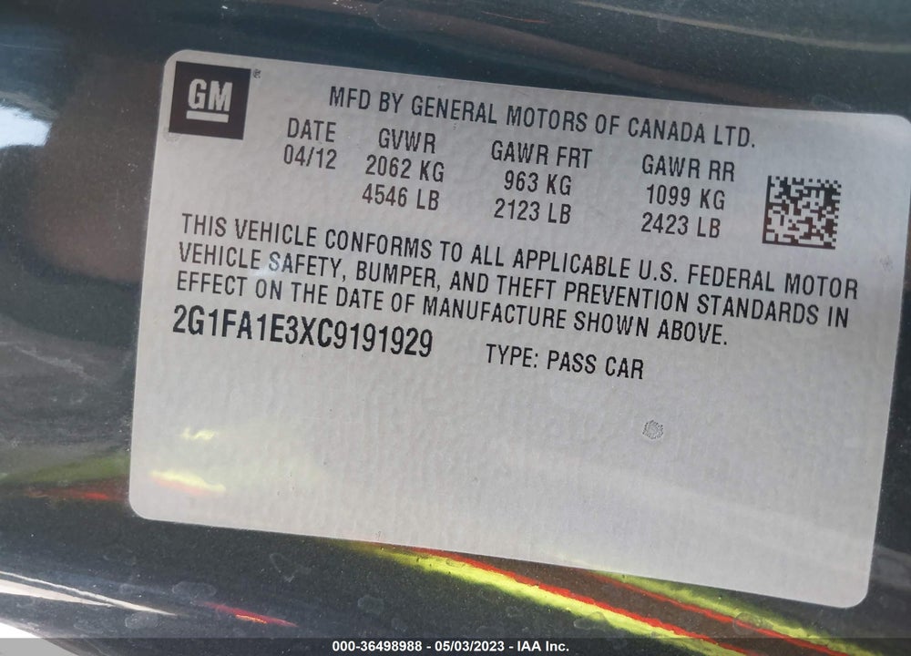 2012 CHEVROLET CAMARO 2LS VIN: 2G1FA1E3XC9191929