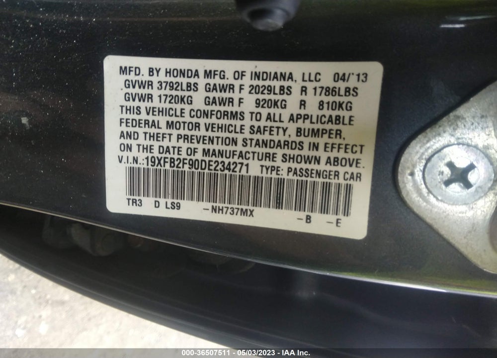 2013 HONDA CIVIC EX-L VIN: 19XFB2F90DE234271