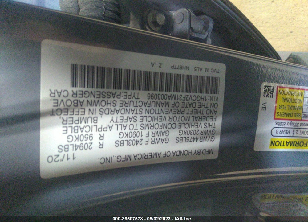 2021 HONDA ACCORD SPORT 2.0T VIN: 1HGCV2F31MA003096