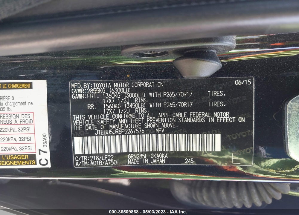 2015 TOYOTA 4RUNNER TRD PRO VIN: JTEBU5JR6F5267576
